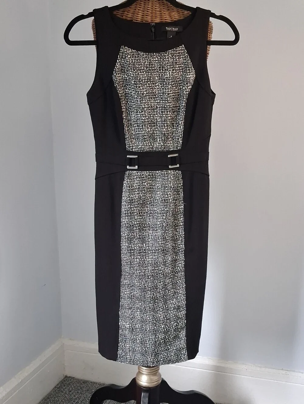 White House Black Market Black and White Tweed-Panel Midi Sheath Dress